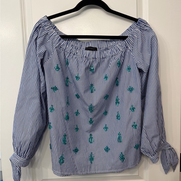 J. Crew Tops - J. Crew Blue and White Striped Blouse with Green Beaded Embellishments